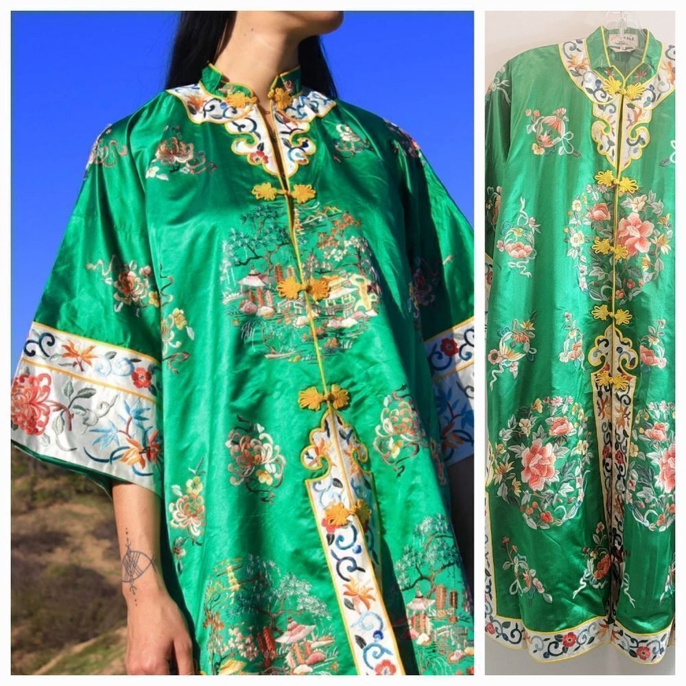 Vintage Embroidered Silk Blend Emerald Green Duster Coat Size Small